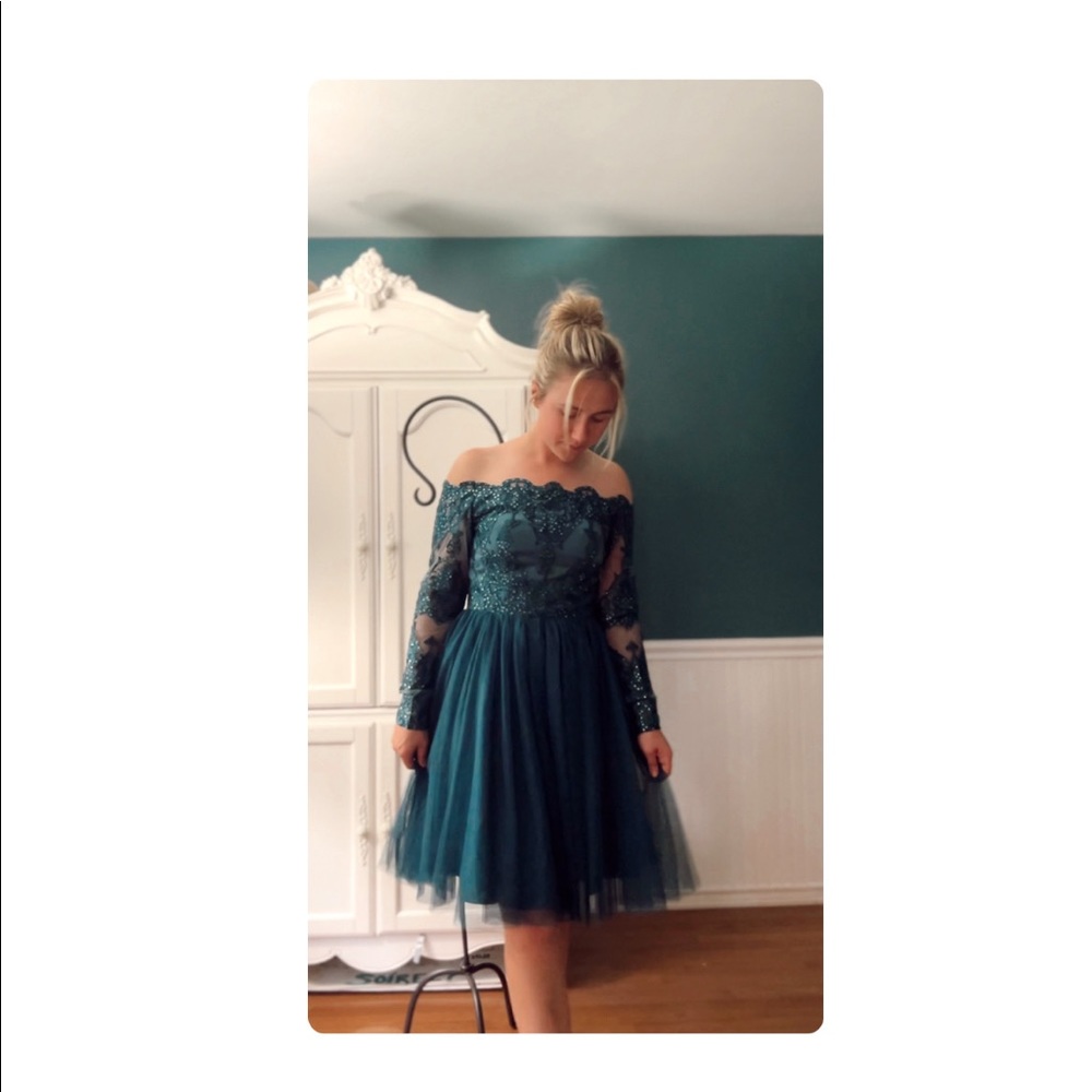 Peacock Blue Off the Shoulder Formal Dress